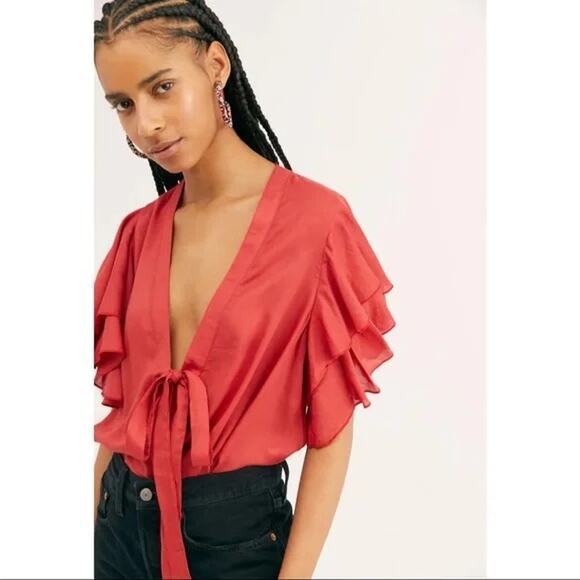 Free People Call Me Later Red Ruffle Sleeve Bodysuit - Size: Small - EUC - Picture 1 of 7